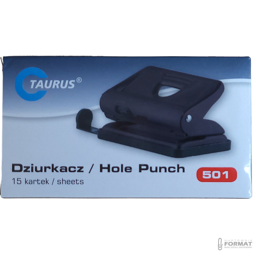 NIEBIESKI METALOWY DZIURKACZ DO 15 K. Z BLOKADĄ I MIARKĄ TAURUS TRADE 501 9