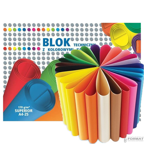 BLOK TECHNICZNY A4 SUPERIOR KOLOROWY SZKOLNY 25 KOLORÓW KARTEK ARKUSZY 4