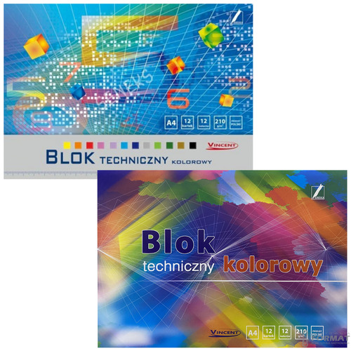 BLOK TECHNICZNY KOLOROWY Z KOLOROWYMI KARTKAMI KRESKA VINCENT A4 12k 210g/m 8