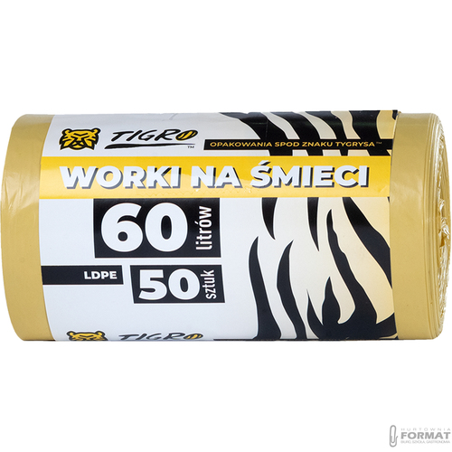 WORKI NA ŚMIECI TIGRO LDPE 60L A50 50SZT ŻÓŁTE BIO MOCNE 2
