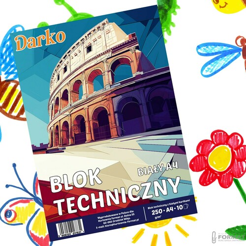BLOK TECHNICZNY BIAŁY A4 SZKOLNY 10 KARTEK ARKUSZY 250g/m DARKO 16
