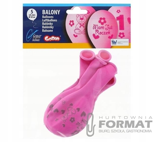 BALONY na ROCZEK 1 URODZINY różowe 5szt 2
