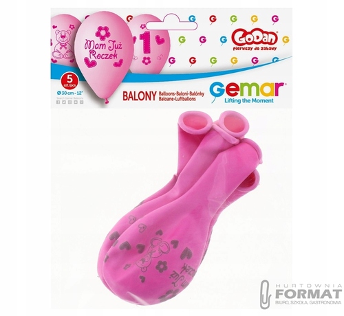 BALONY na ROCZEK 1 URODZINY różowe 5szt 3