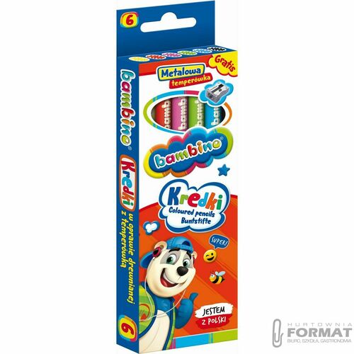 KREDKI BAMBINO GRUBE 6 SZT W OPRAWIE DREWNIANEJ GRATIS METALOWA TEMPERÓWKA 3