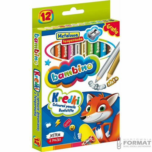 KREDKI OŁÓWKOWE DREWNIANE BAMBINO 12 KOLORÓW GRATIS METALOWA TEMPERÓWKA 2