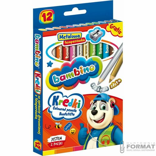 KREDKI OŁÓWKOWE DREWNIANE BAMBINO 12 KOLORÓW GRATIS METALOWA TEMPERÓWKA 3