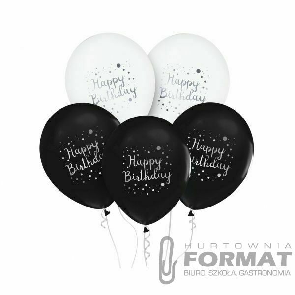 Balon gumowy Godan Happy Birthday 5szt. biało-czarny 12cal (GZ-HBC5) 1