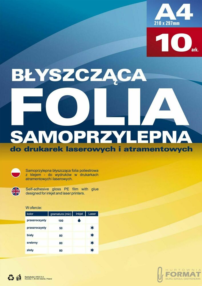 Folia samoprzylepna Argo A4 biały 80mic. [mm:] 210x297 (434011) 1