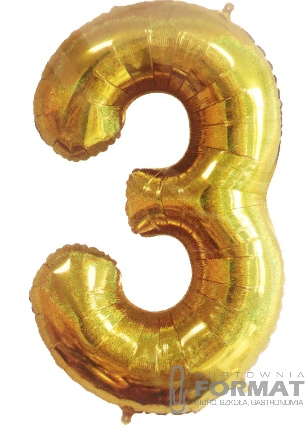 Balon foliowy Cyfra 3 Złoty hologra. 40"/102 cm 1