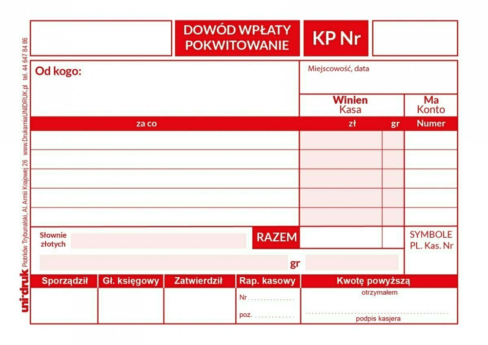 Druk KP - dowód wpłaty, format A6, 80 kartek Darko 1