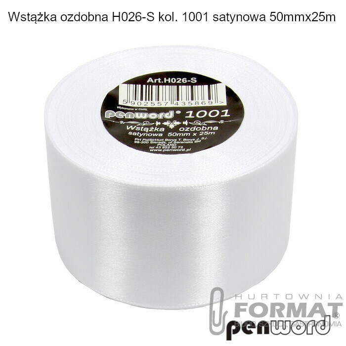 WSTĄŻKA OZDOBNA H026-S KOL. 1001 BIAŁA SATYNOWA 50mmx25m 1