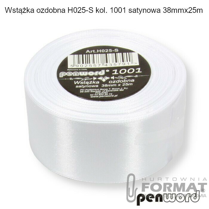 WSTĄŻKA OZDOBNA H025-S KOL. 1001 BIAŁA SATYNOWA 38mmx25m 1
