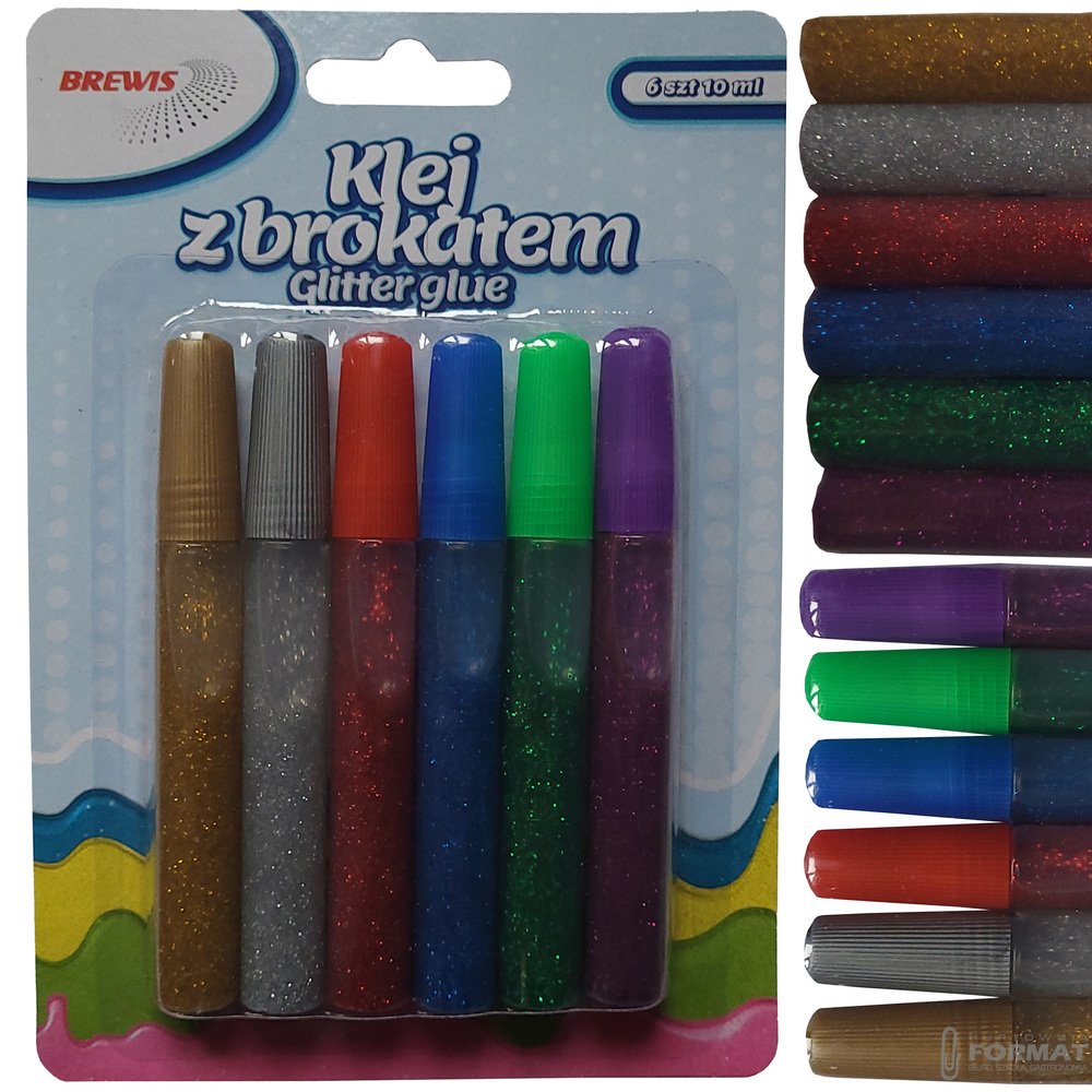 ZESTAW 6 SZTUK KOLOROWYCH KLEJÓW Z BROKATEM 10 ml BREWIS 1