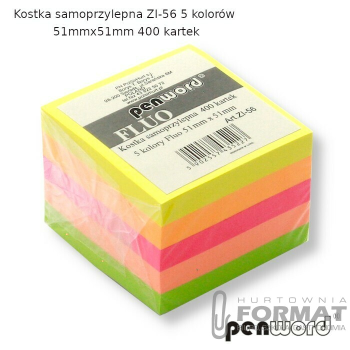 KOSTKA SAMOPRZYLEPNA ZI-56 5 KOLORÓW FLUO 51mmx51mm 400 KARTEK 1
