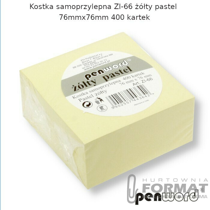 KOSTKA SAMOPRZYLEPNA ZI-66 ŻÓŁTY PASTEL 76mmx76mm 400 KARTEK 1