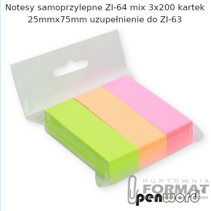NOTESY SAMOPRZYLEPNE ZI-64 MIX 3X200 KARTEK 25mmx76mm UZUPEŁNIENIE DO ZI-63 1