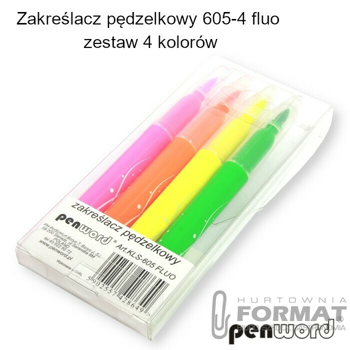 ZAKREŚLACZ PĘDZELKOWY 605-4 FLUO ZESTAW 4 KOLORÓW 1