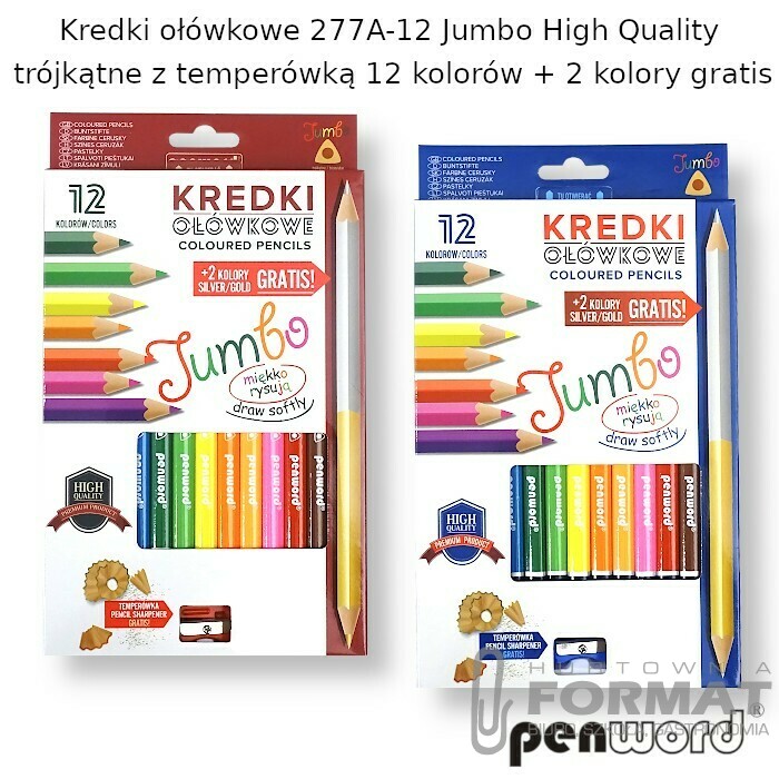 KREDKI OŁÓWKOWE 2777A-12 JUMBO HIGH QUALITY TRÓJKĄTNE Z TEMPERÓWKĄ 12 KOLORÓW + 2 KOLORY GRATIS 1