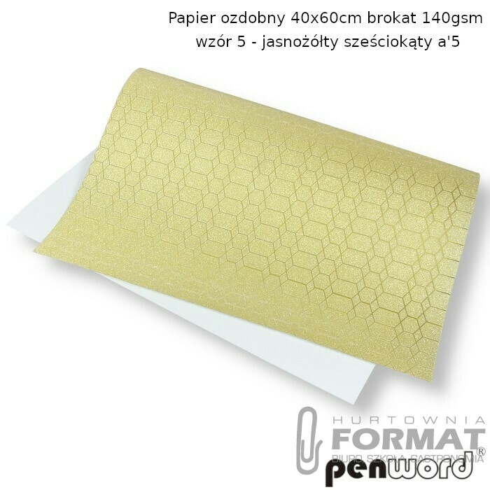 PAPIER OZDOBNY 40x60cm BROKATOWY 140gsm WZÓR.5-JASNOŻÓŁTY SZEŚCIOKĄTY a'5 1