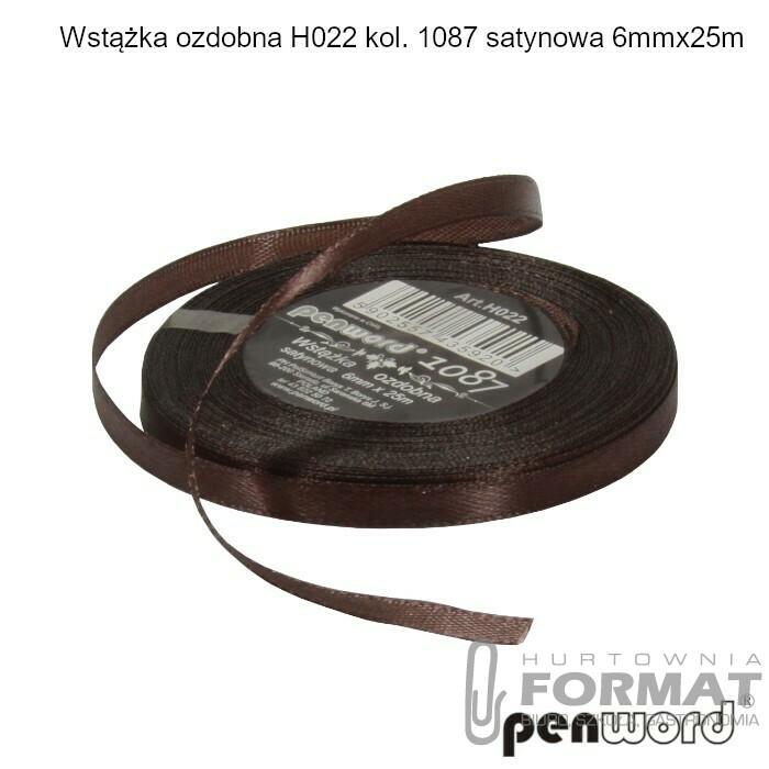 WSTĄŻKA OZDOBNA H022 KOL. 1087 CZEKOLADOWA SATYNOWA 6mmx25m 1