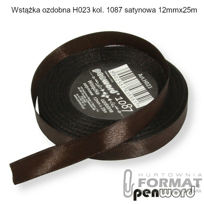 WSTĄŻKA OZDOBNA H023 KOL. 1087 CZEKOLADOWA SATYNOWA 12mmx25m 1