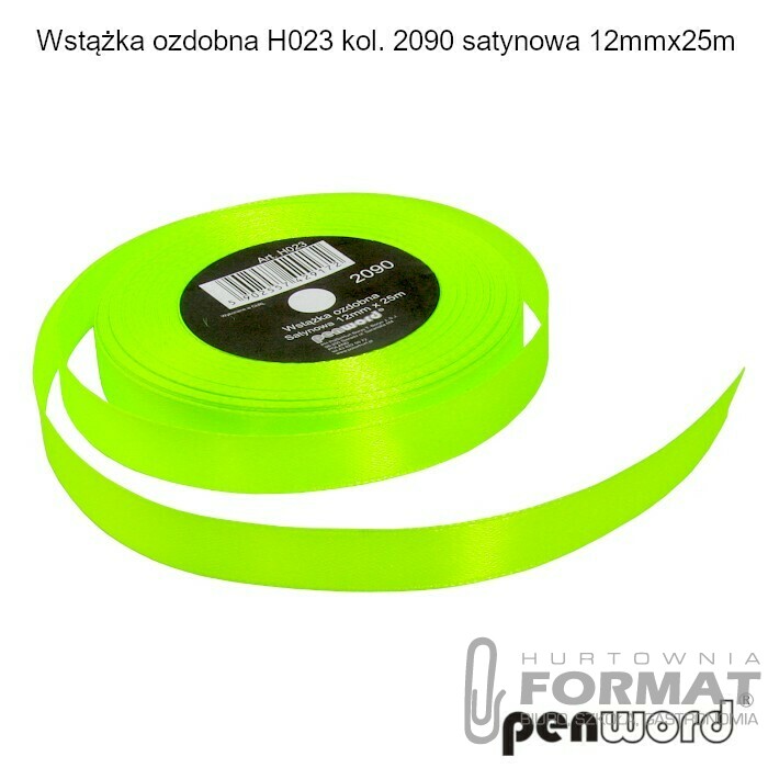 WSTĄŻKA OZDOBNA H023 KOL. 2090 ZIELONA FLUO SATYNOWA 12mmx25m 1