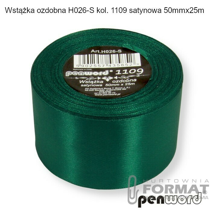 WSTĄŻKA OZDOBNA H026-S KOL. 1109 CIEMNOZIELONA SATYNOWA 50mmx25m 1