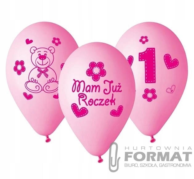 BALONY na ROCZEK 1 URODZINY różowe 5szt 1