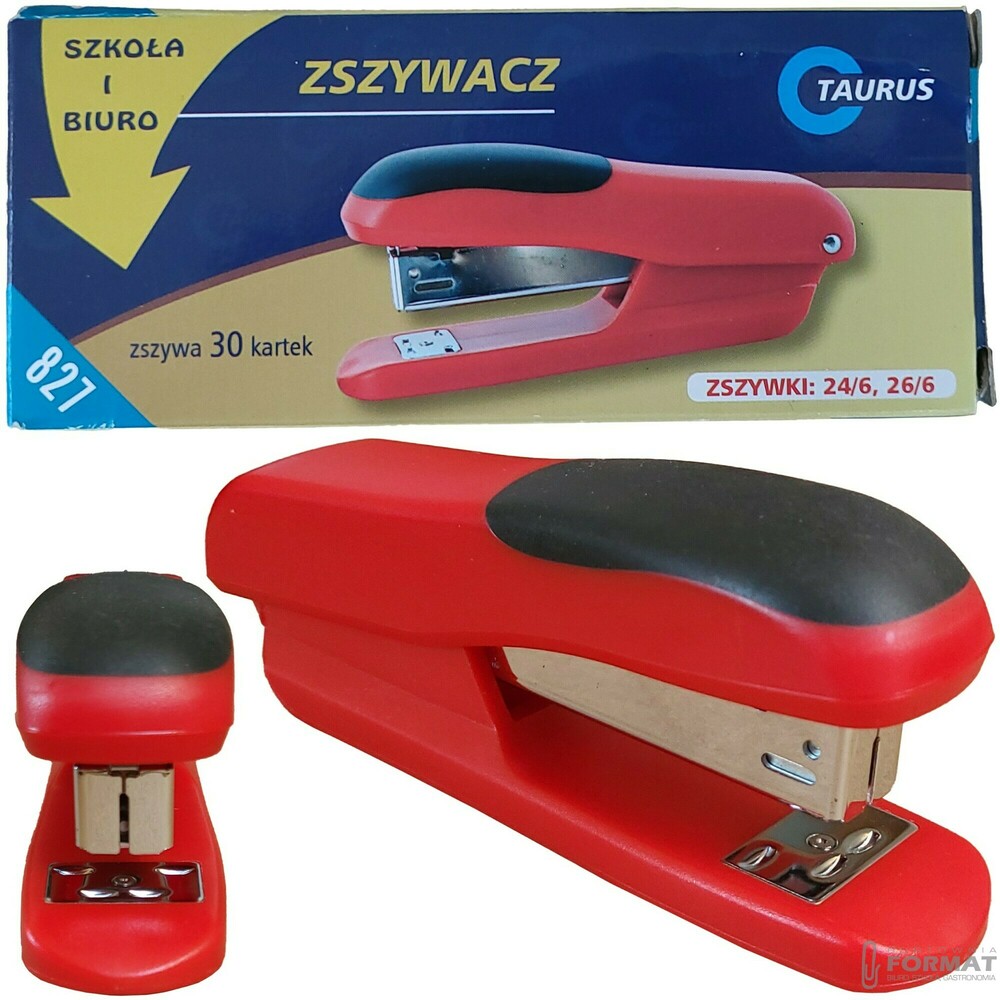 CZERWONY PLASTIKOWY ZSZYWACZ BIUROWY DO 30 KARTEK TAURUS TRADE 827 1
