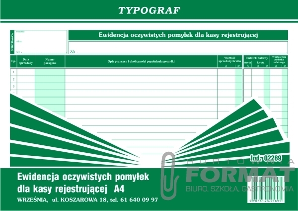EWIDENCJA OCZYW. POMYŁEK DLA KASY REJEST. A4 02289 1