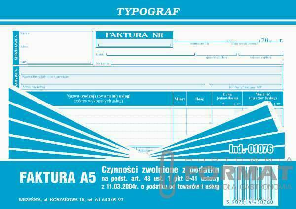 FAKTURA A5 POZIOMA CZYN ZWOLNIO Z VAT ART.43 01076 1