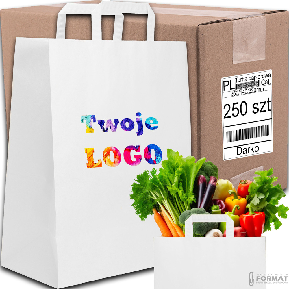 TORBA PAPIEROWA CATERINGOWA BIAŁA 260/140/320mm 26/14/32cm 250SZT EKO+NADRUK 1