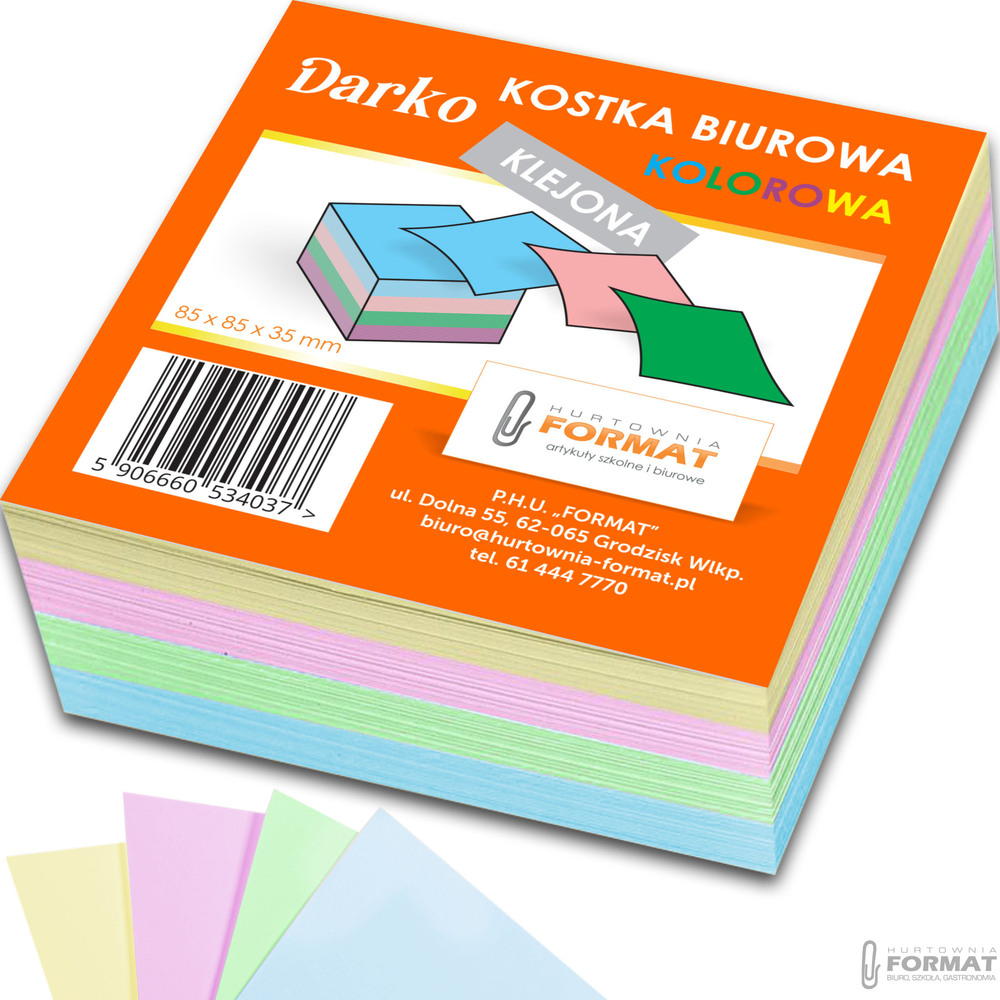 KOSTKA BIUROWA KLEJONA BLOCZEK KOLOROWA DO NOTOWANIA 85x85x35mm 1