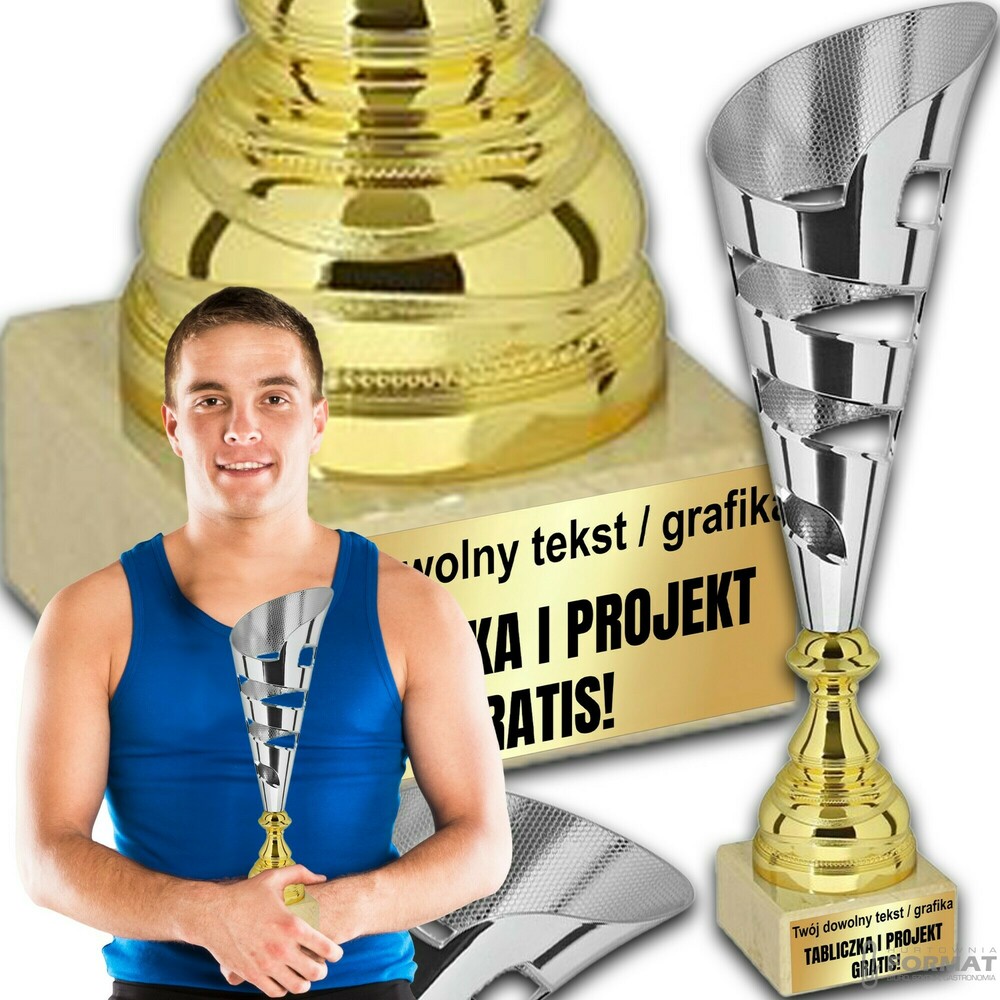 PUCHAR TROFEUM NAGRODA STATUETKA SOLIDNA 3D 36 cm KOLOR SREBRNY + GRAWER 1