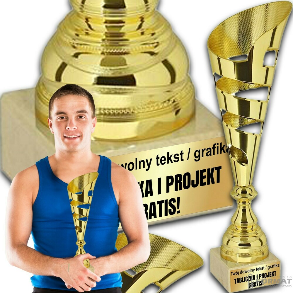 PUCHAR TROFEUM NAGRODA STATUETKA SOLIDNA 3D 36 cm KOLOR ZŁOTY + GRAWER 1