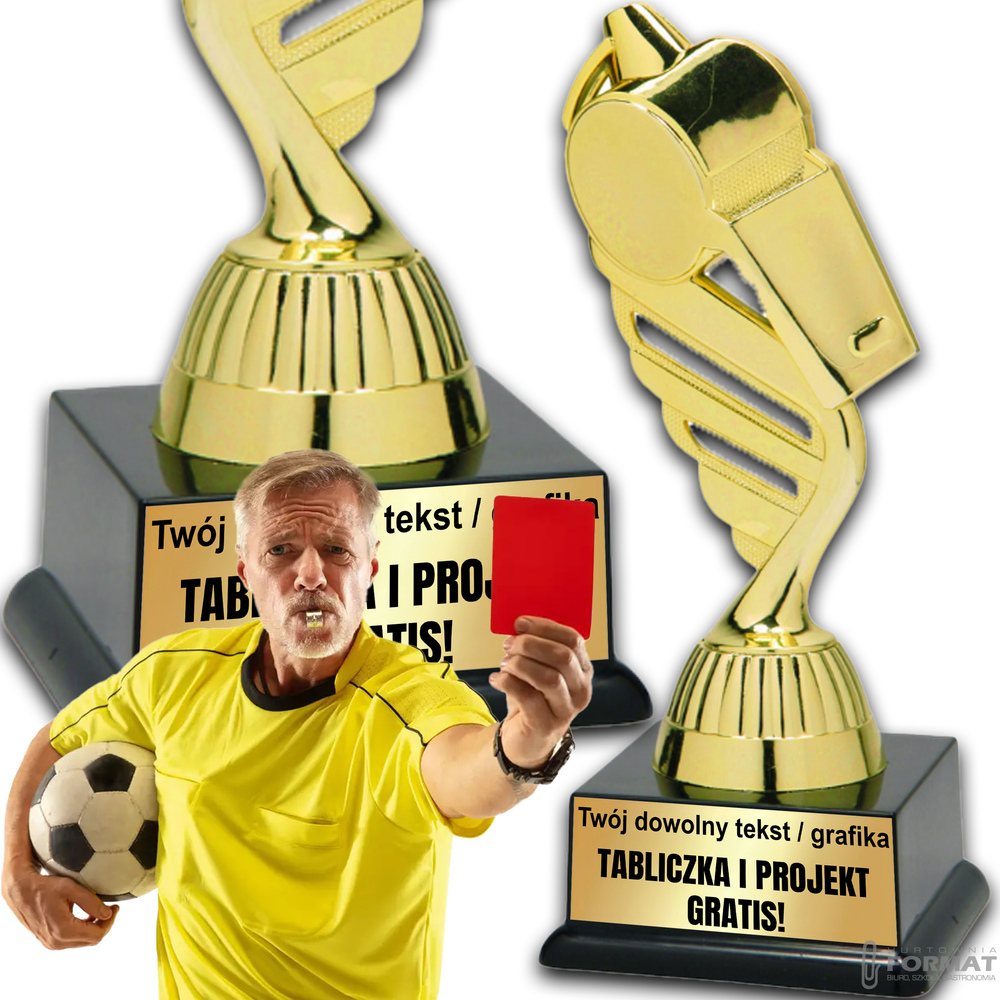 Puchar złoty trofeum nagroda statuetka gwizdek figurka 3d + GRAWER 19 cm 1