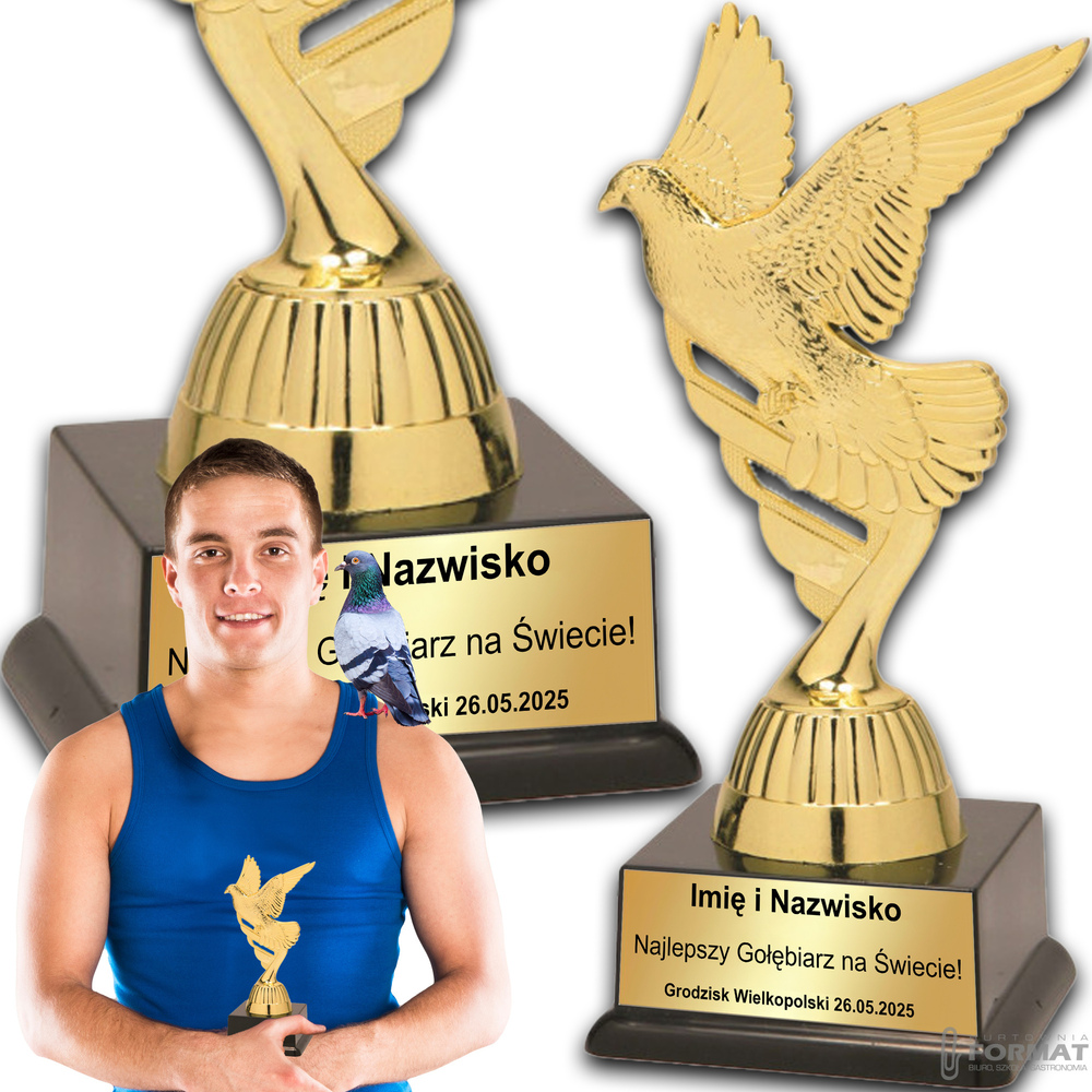 Puchar złoty trofeum nagroda statuetka gołąb ptak figurka 3d + GRAWER 19 cm 1