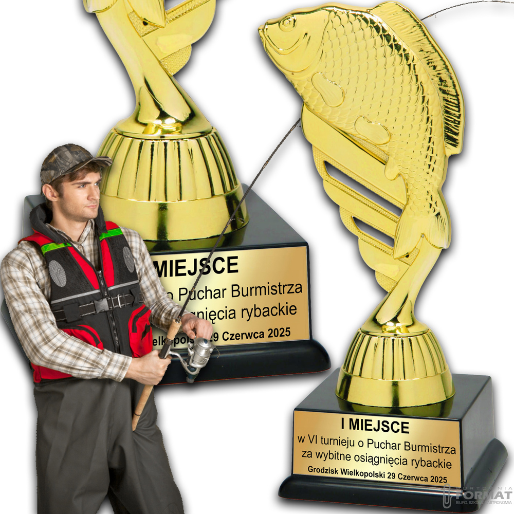 Puchar złoty trofeum nagroda statuetka wędkarska figurka 3d + GRAWER 19 cm 1