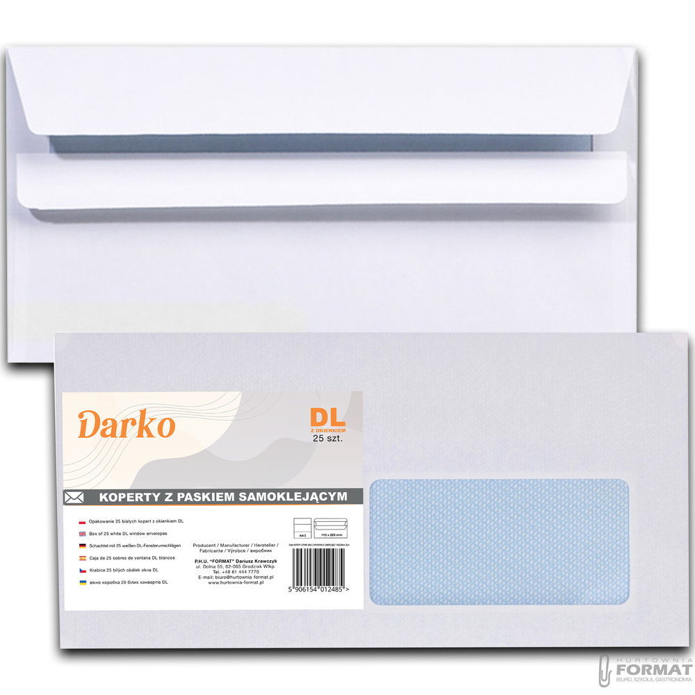 KOPERTY DL LISTOWE BIUROWE BIAŁE Z OKIENKIEM 25SZT DARKO KLEJĄCE 110x220 1