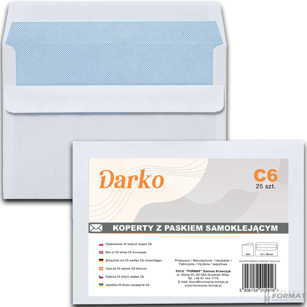 KOPERTY C6 LISTOWE BIUROWE BIAŁE OPAKOWANIE 25SZT DARKO SAMOKLEJĄCE 114x162 1