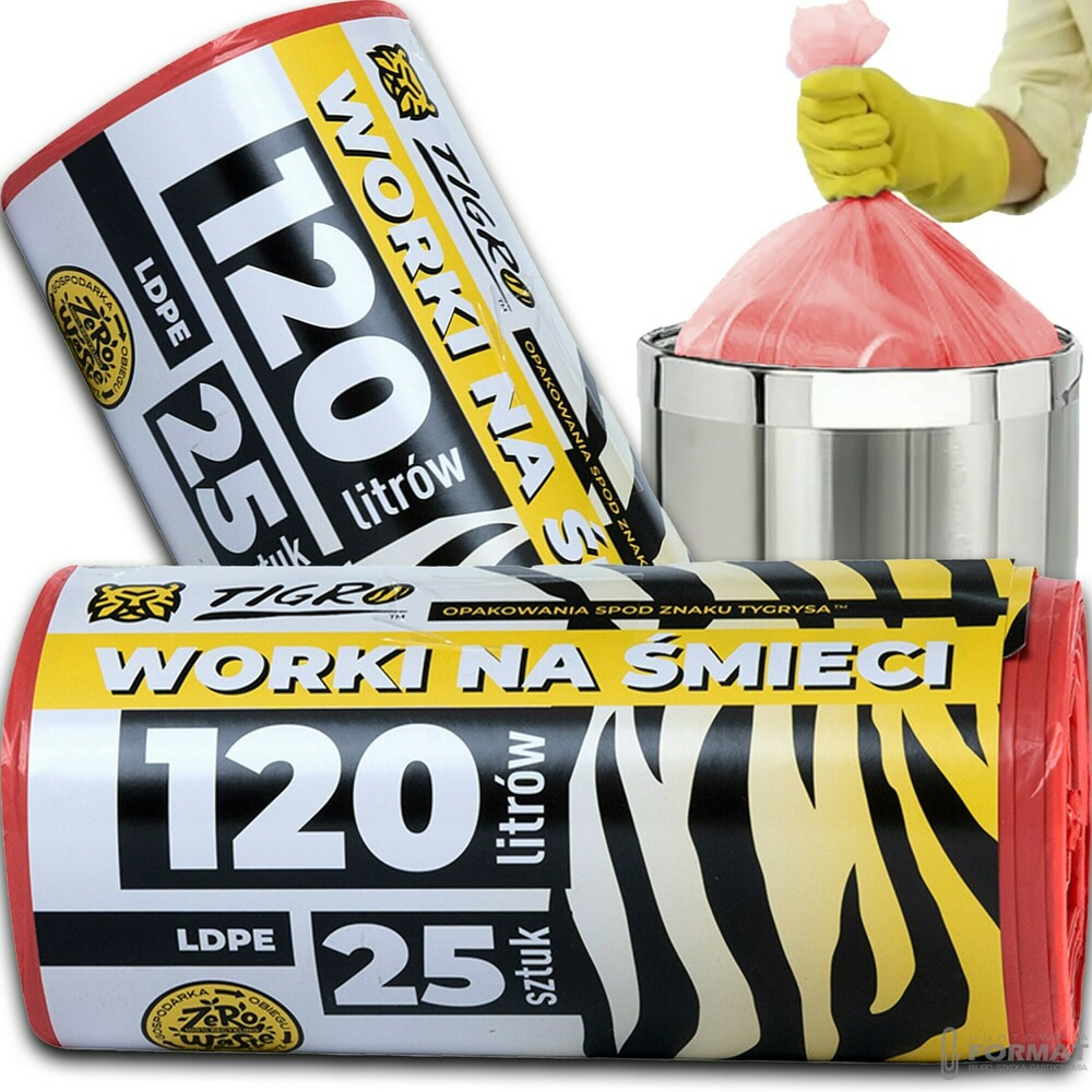 WORKI NA ŚMIECI TIGRO LDPE 120L A25 25SZT CZERWONE BIO MOCNE 1