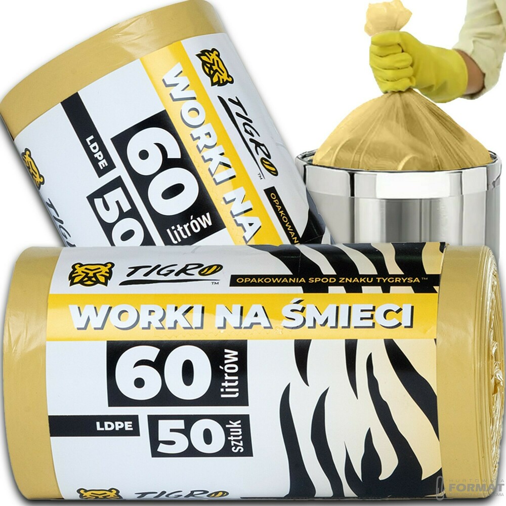 WORKI NA ŚMIECI TIGRO LDPE 60L A50 50SZT ŻÓŁTE BIO MOCNE 1