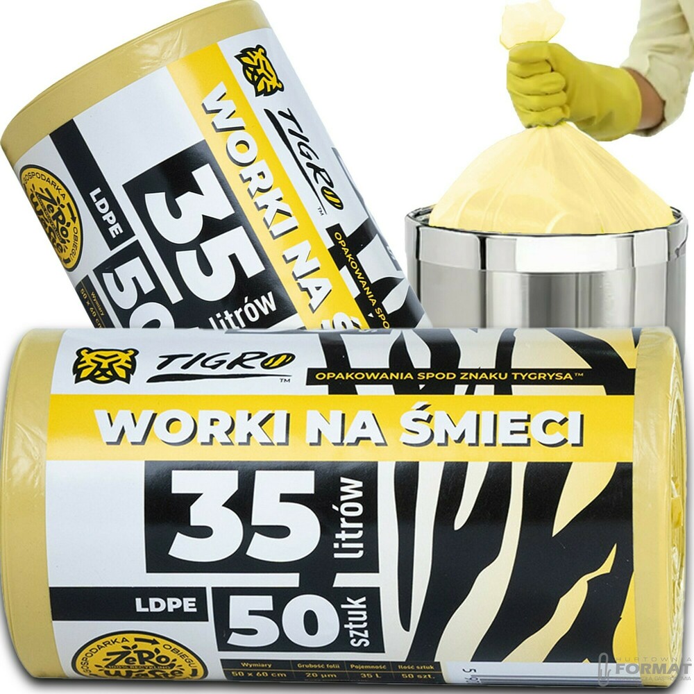 WORKI NA ŚMIECI TIGRO LDPE 35L A50 50SZT ŻÓŁTE BIO MOCNE 1