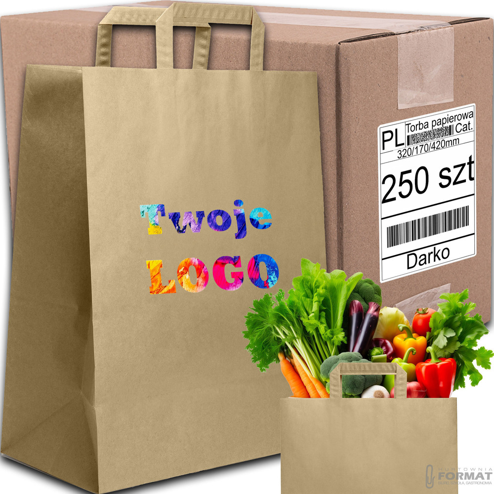 TORBA PAPIEROWA CATERINGOWA BRĄZOWA 320/170/420mm 32/17/42cm 250SZT +NADRUK 1