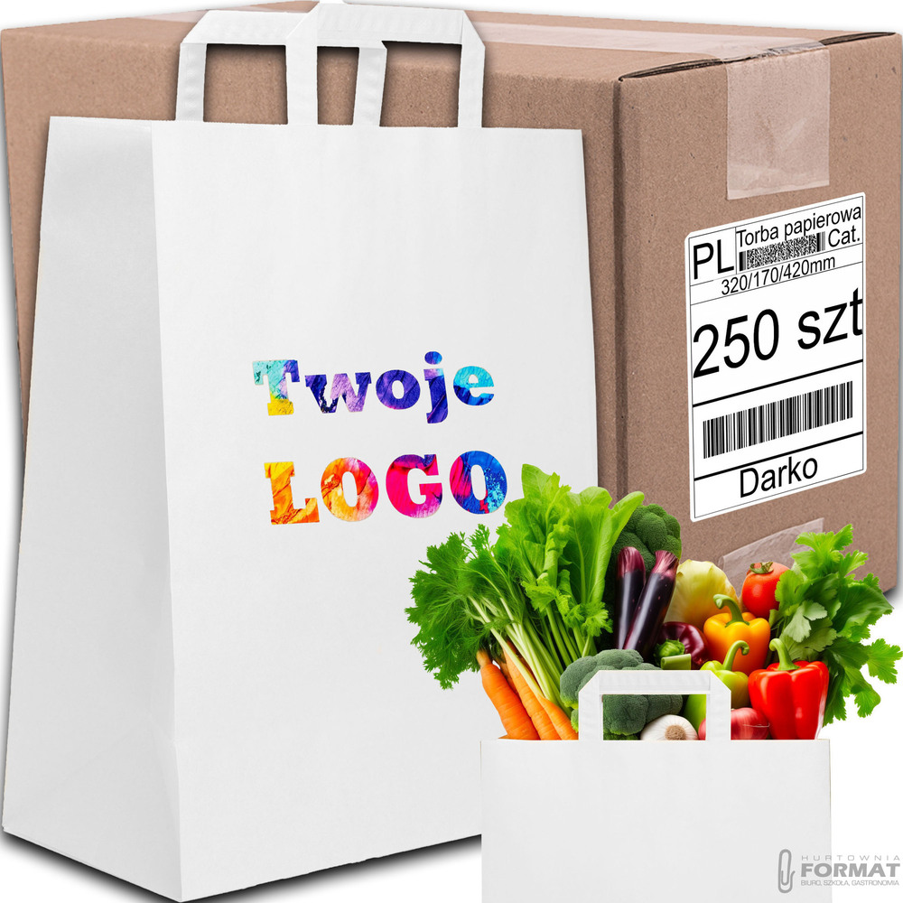 TORBA PAPIEROWA CATERINGOWA BIAŁA 320/170/420mm 32/17/42cm 250SZT EKO+NADRUK 1