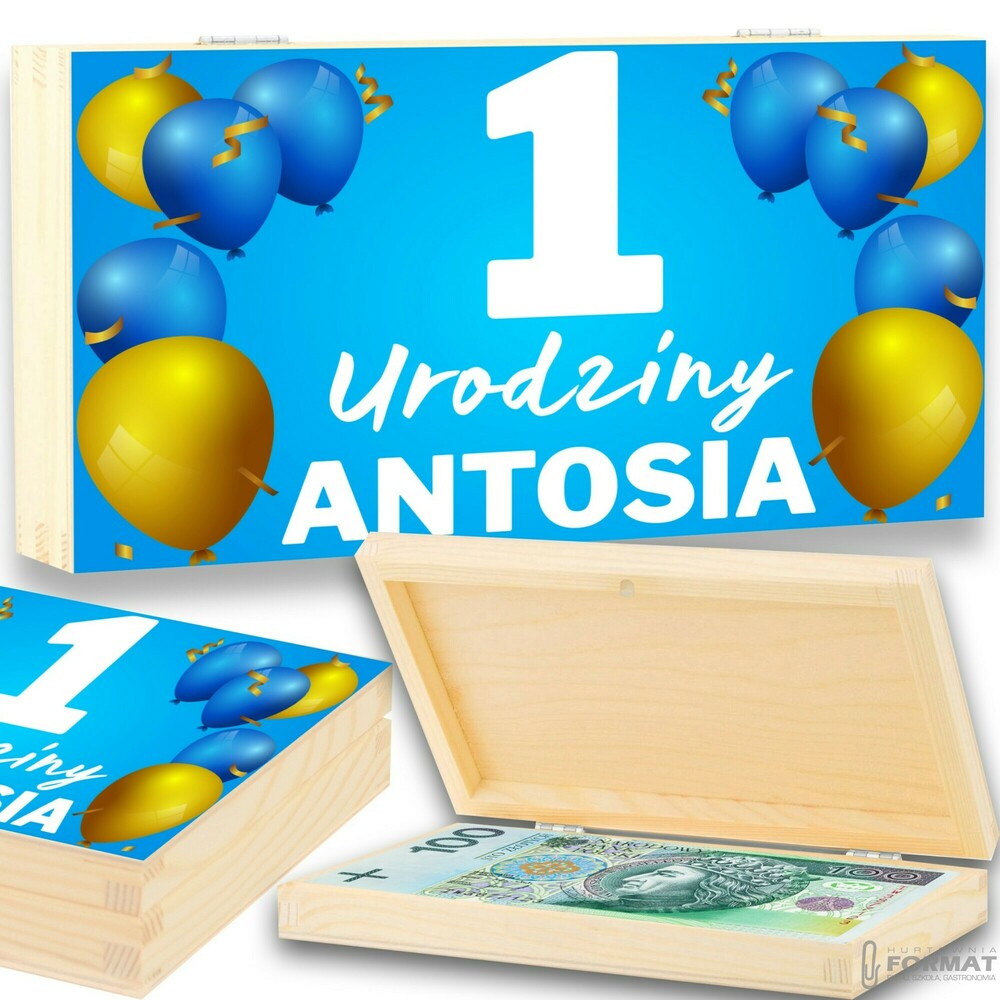 DREWNIANE PUDEŁKO NA PIENIĄDZE PAMIĄTKA NA ROCZEK WZORY IMIĘ EKO BOX NADRUK 1