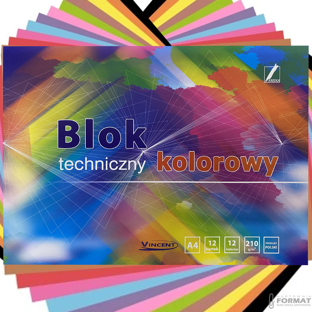 BLOK TECHNICZNY KOLOROWY Z KOLOROWYMI KARTKAMI KRESKA VINCENT A4 12k 210g/m 1