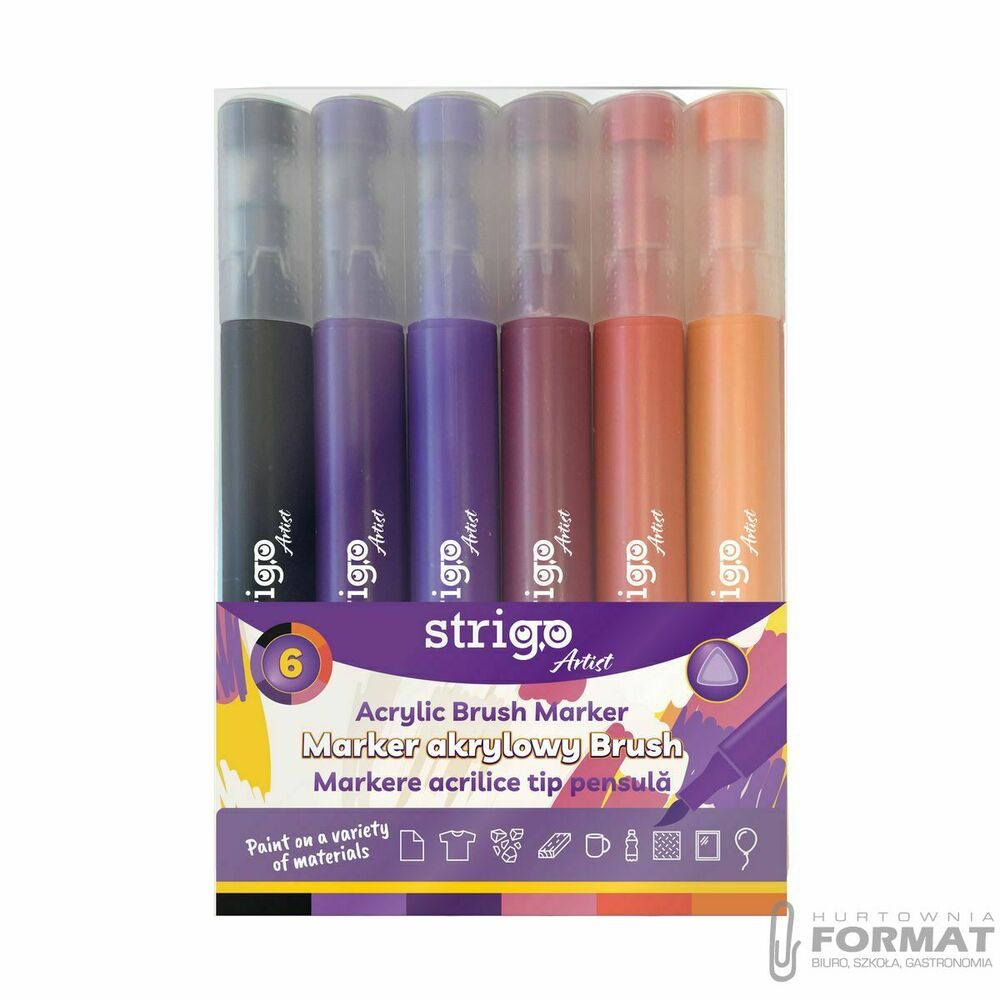 Marker specjalistyczny Strigo końcówka  BRUSH akrylowy w  6kol, mix pędzelek końcówka (SSC434) 1