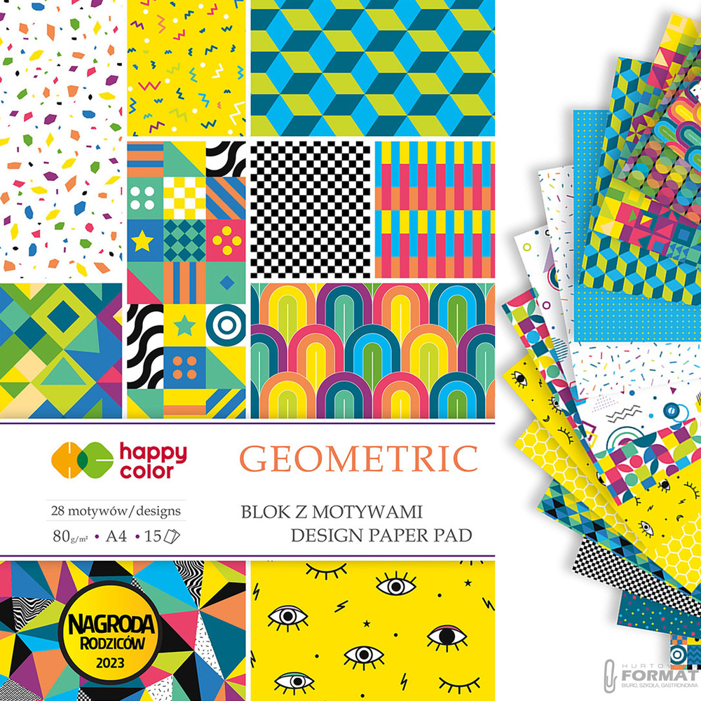 BLOK Z MOTYWAMI HAPPY COLOR GEOMETRIC A4 80g 15 KARTEK 28 MOTYWÓW 1