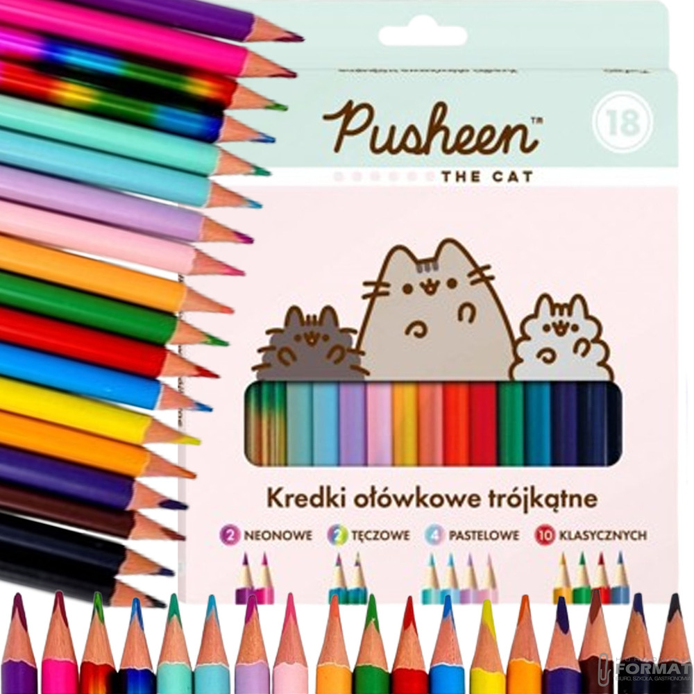 KREDKI OŁÓWKOWE TRÓJKĄTNE PUSHEEN BAMBINO 18 KOLORÓW MAJEWSKI KOT DO SZKOŁY 1